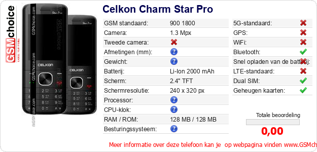 Celkon Charm Star Pro Technische gegevens Celkon Charm Star Pro Technische gegevens