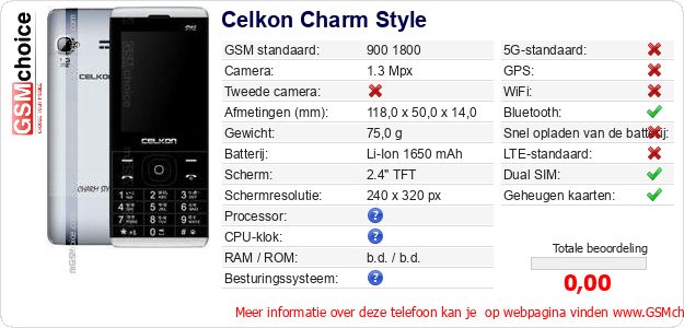 Celkon Charm Style Technische gegevens 