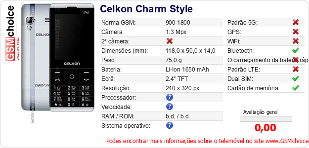 Celkon Charm Style Especificações técnicas do telemóvel 
