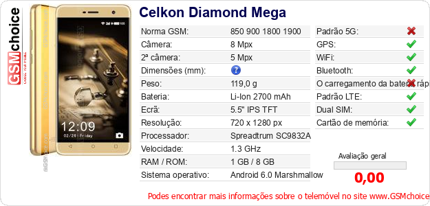 Celkon Diamond Mega Especificações técnicas do telemóvel 
