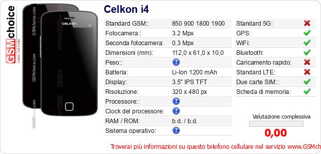 Celkon i4 Dati tecnici di telefono cellulare 