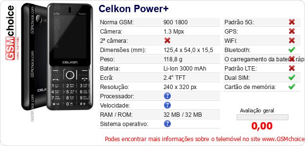 Celkon Power+ Especificações técnicas do telemóvel 