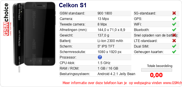 Celkon S1 Technische gegevens Celkon S1 Technische gegevens