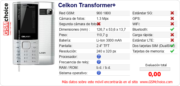 Celkon Transformer+ Datos técnicos del móvil Celkon Transformer+ Datos técnicos del móvil
