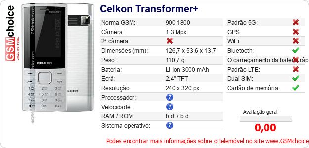 Celkon Transformer+ Especificações técnicas do telemóvel 