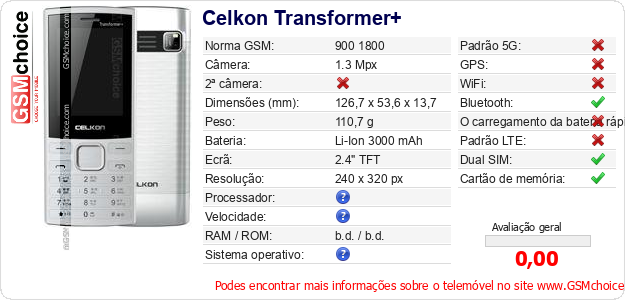 Celkon Transformer+ Especificações técnicas do telemóvel Celkon Transformer+ Especificações técnicas do telemóvel