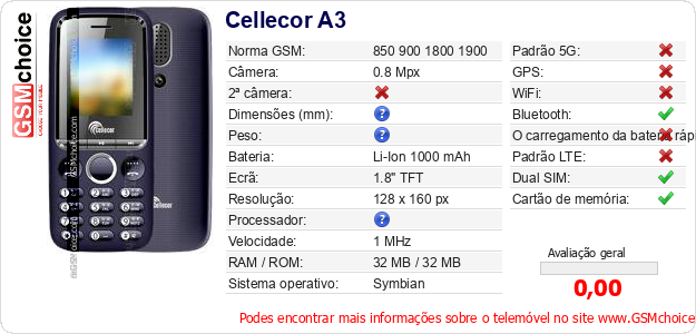 Cellecor A3 Especificações técnicas do telemóvel Cellecor A3 Especificações técnicas do telemóvel