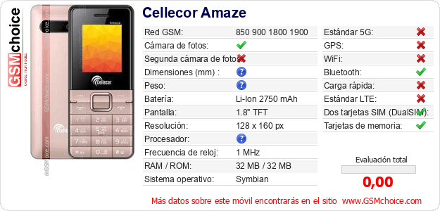 Cellecor Amaze Datos técnicos del móvil Cellecor Amaze Datos técnicos del móvil