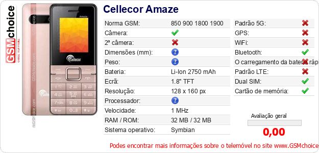 Cellecor Amaze Especificações técnicas do telemóvel Cellecor Amaze Especificações técnicas do telemóvel