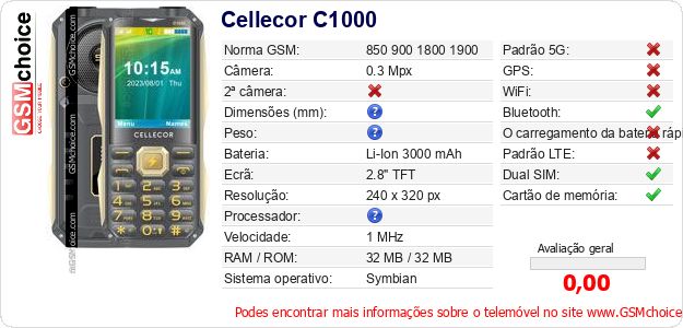 Cellecor C1000 Especificações técnicas do telemóvel 
