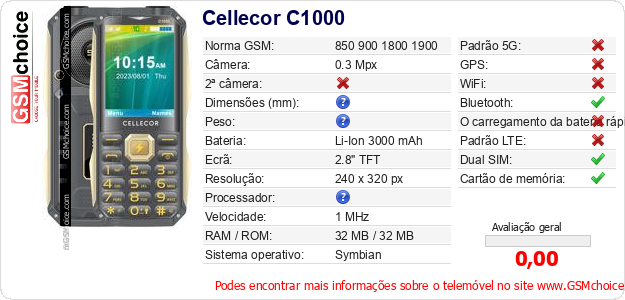 Cellecor C1000 Especificações técnicas do telemóvel 