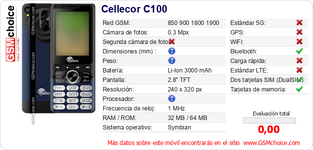 Cellecor C100 Datos técnicos del móvil Cellecor C100 Datos técnicos del móvil
