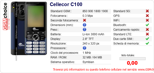 Cellecor C100 Dati tecnici di telefono cellulare Cellecor C100 Dati tecnici di telefono cellulare