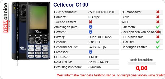 Cellecor C100 Technische gegevens 