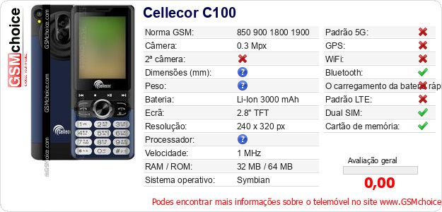 Cellecor C100 Especificações técnicas do telemóvel Cellecor C100 Especificações técnicas do telemóvel