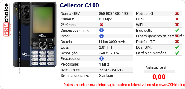 Cellecor C100 Especificações técnicas do telemóvel Cellecor C100 Especificações técnicas do telemóvel