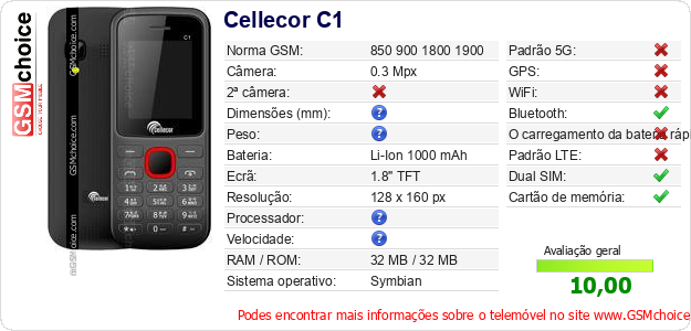 Cellecor C1 Especificações técnicas do telemóvel 