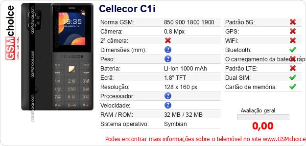 Cellecor C1i Especificações técnicas do telemóvel Cellecor C1i Especificações técnicas do telemóvel