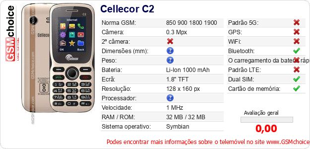 Cellecor C2 Especificações técnicas do telemóvel Cellecor C2 Especificações técnicas do telemóvel