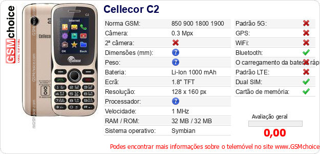 Cellecor C2 Especificações técnicas do telemóvel Cellecor C2 Especificações técnicas do telemóvel