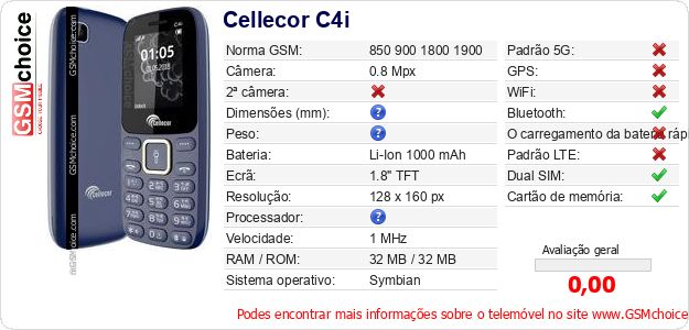 Cellecor C4i Especificações técnicas do telemóvel 