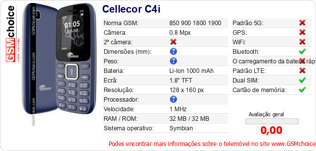Cellecor C4i Especificações técnicas do telemóvel Cellecor C4i Especificações técnicas do telemóvel