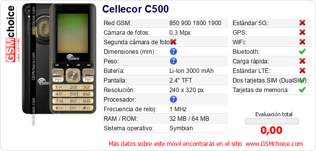 Cellecor C500 Datos técnicos del móvil 