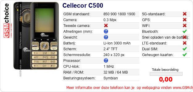 Cellecor C500 Technische gegevens 
