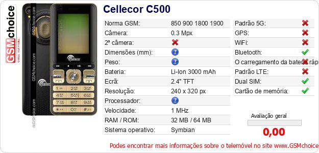 Cellecor C500 Especificações técnicas do telemóvel 