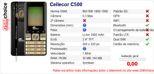 Cellecor C500 Especificações técnicas do telemóvel Cellecor C500 Especificações técnicas do telemóvel
