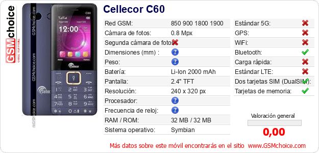 Cellecor C60 Datos técnicos del móvil Cellecor C60 Datos técnicos del móvil