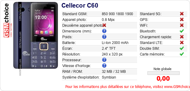 Cellecor C60 Fiche technique Cellecor C60 Fiche technique
