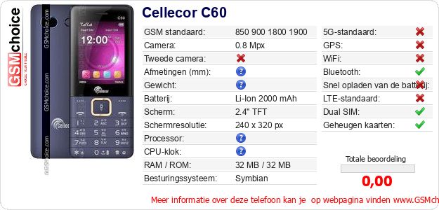 Cellecor C60 Technische gegevens Cellecor C60 Technische gegevens