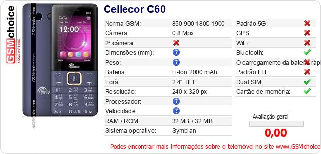 Cellecor C60 Especificações técnicas do telemóvel Cellecor C60 Especificações técnicas do telemóvel