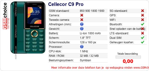 Cellecor C9 Pro Technische gegevens Cellecor C9 Pro Technische gegevens