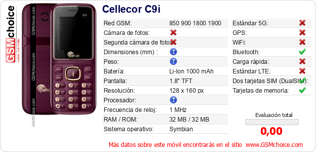 Cellecor C9i Datos técnicos del móvil Cellecor C9i Datos técnicos del móvil