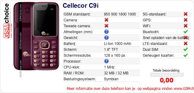 Cellecor C9i Technische gegevens 