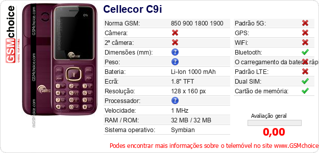 Cellecor C9i Especificações técnicas do telemóvel Cellecor C9i Especificações técnicas do telemóvel