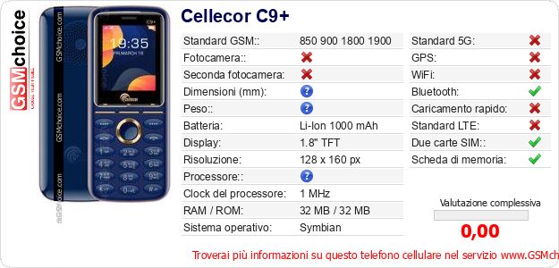 Cellecor C9+ Dati tecnici di telefono cellulare Cellecor C9+ Dati tecnici di telefono cellulare