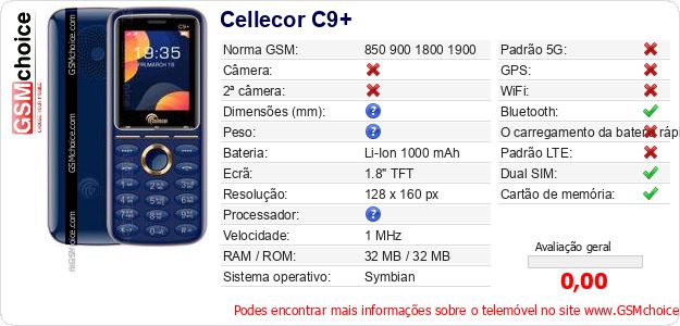 Cellecor C9+ Especificações técnicas do telemóvel Cellecor C9+ Especificações técnicas do telemóvel