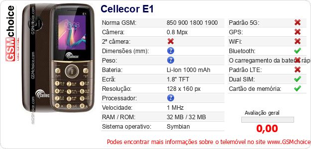 Cellecor E1 Especificações técnicas do telemóvel 