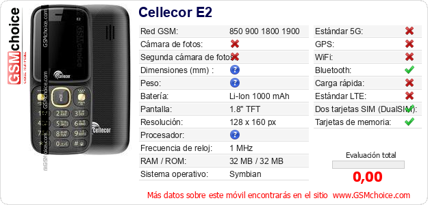 Cellecor E2 Datos técnicos del móvil Cellecor E2 Datos técnicos del móvil