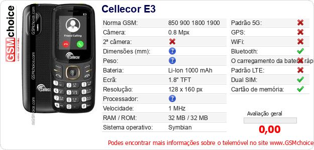 Cellecor E3 Especificações técnicas do telemóvel Cellecor E3 Especificações técnicas do telemóvel