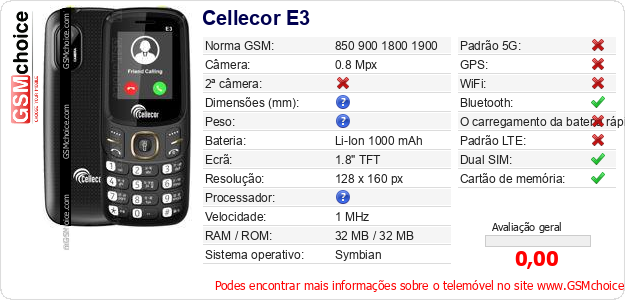 Cellecor E3 Especificações técnicas do telemóvel Cellecor E3 Especificações técnicas do telemóvel