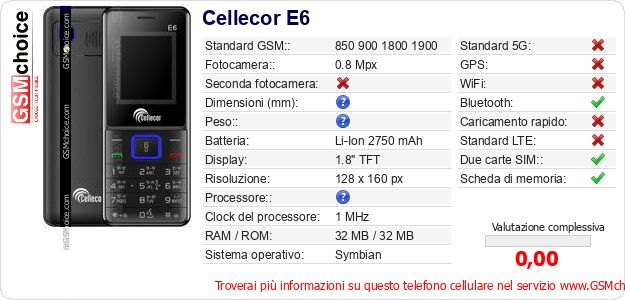 Cellecor E6 Dati tecnici di telefono cellulare 