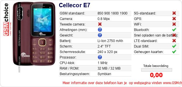 Cellecor E7 Technische gegevens Cellecor E7 Technische gegevens