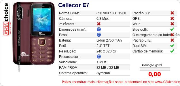 Cellecor E7 Especificações técnicas do telemóvel Cellecor E7 Especificações técnicas do telemóvel