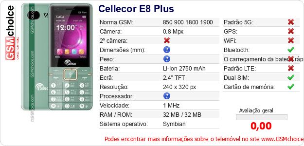 Cellecor E8 Plus Especificações técnicas do telemóvel Cellecor E8 Plus Especificações técnicas do telemóvel