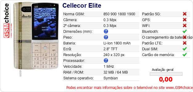 Cellecor Elite Especificações técnicas do telemóvel 