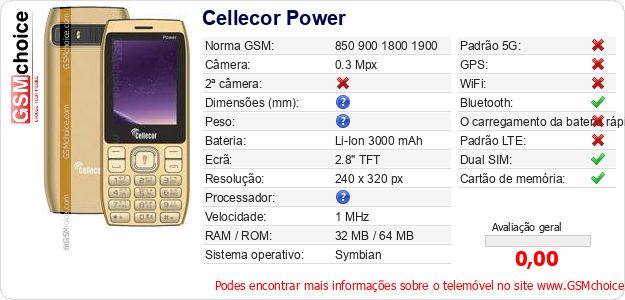Cellecor Power Especificações técnicas do telemóvel Cellecor Power Especificações técnicas do telemóvel